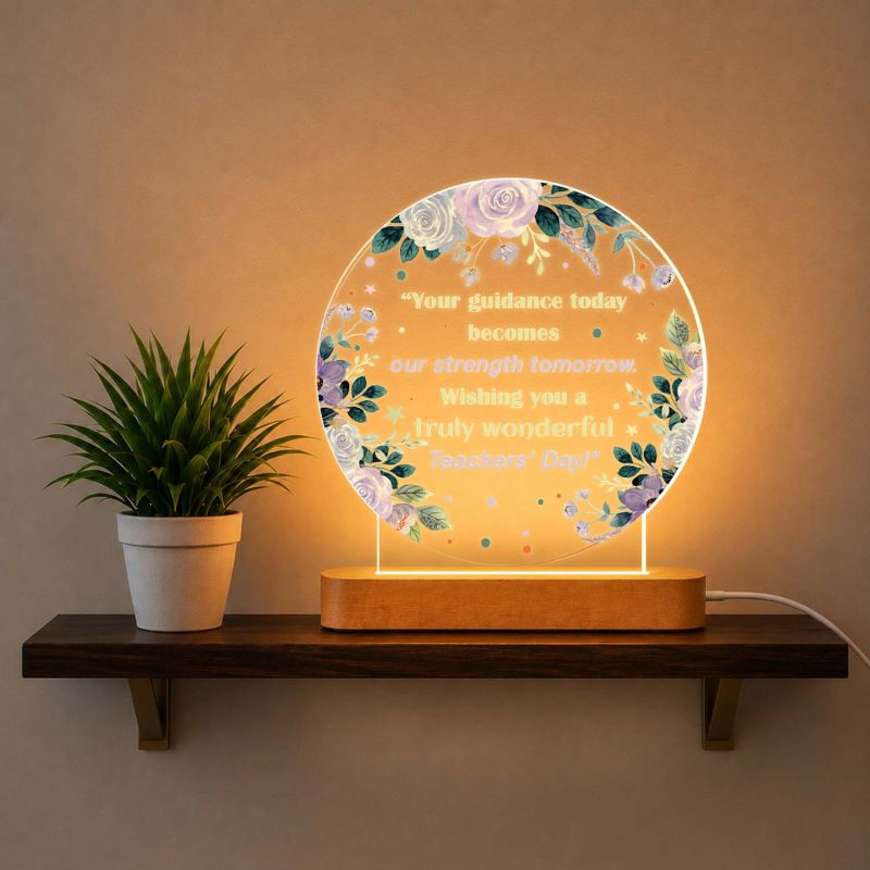 Teachers Day LED Night Lamp, Inspirational Teacher Appreciation Gift, Floral Acrylic Plaque with Wooden Base, Warm Light Desk Decor for Teacher, Classroom, School & Home